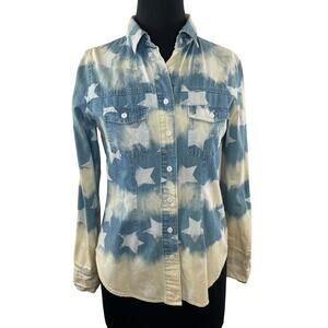 L'Amour Nanette Lepore Blue White Star Stripe Cotton Button Down Pocket Shirt S